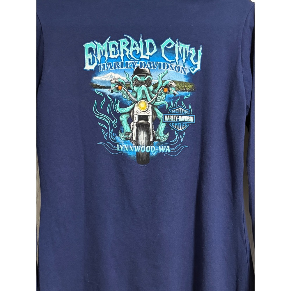 Harley Davidson Emerald City Lynnwood Octopus Graphic V-Neck Long Sleeve Shirt